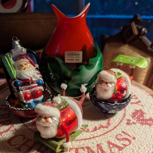 Vintage Murano Hand Blown Glass Vase+ Bowl's&"3"Santa Ornaments - Picture 8 of 13